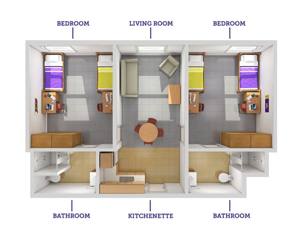 Image of residence hall suite floor plan of two bedrooms with private bathrooms separated by one living room/kitchenette area.